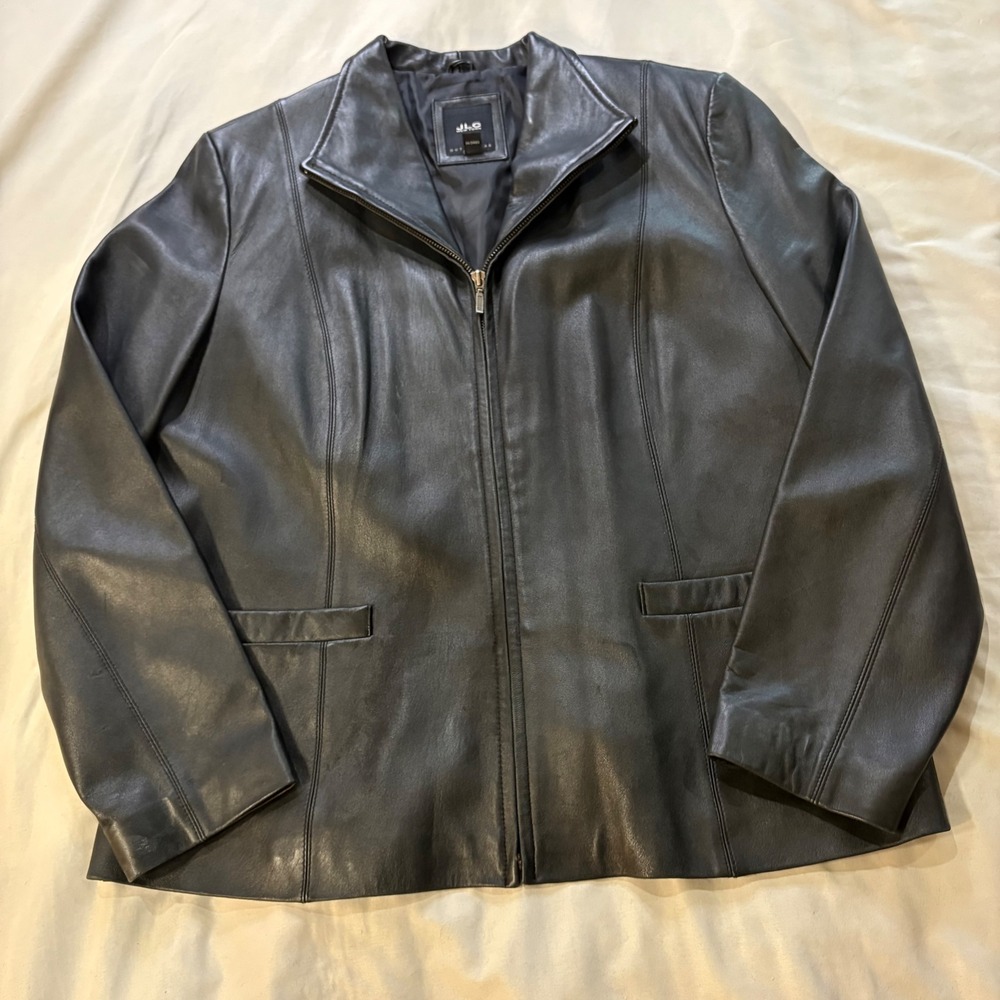 JLC‎ New York Black Leather Outerwear Jacket XL Zip Front Classic Blazer Style